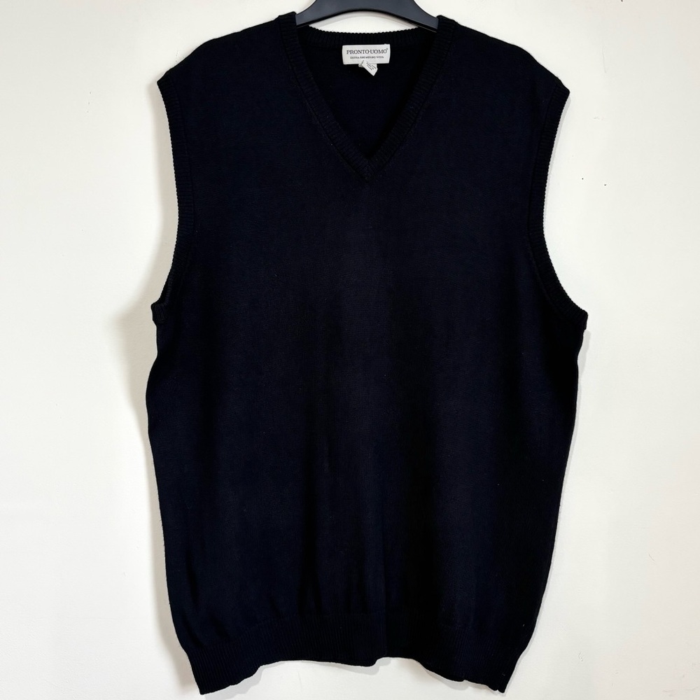 Pronto Uomo Men's XL Black Extra Fine Merino Wool V-neck Tight Knit Sweater Vest